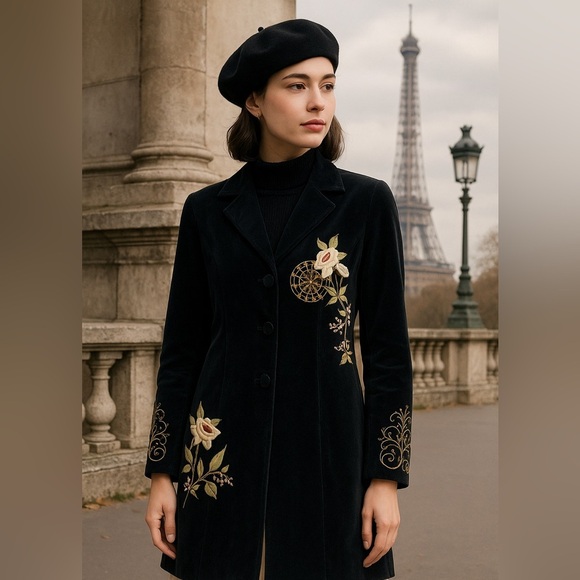 CAbi Antoinette Paris Black Velvet Embroidered Coat Women’s Size 8 - Picture 7 of 7